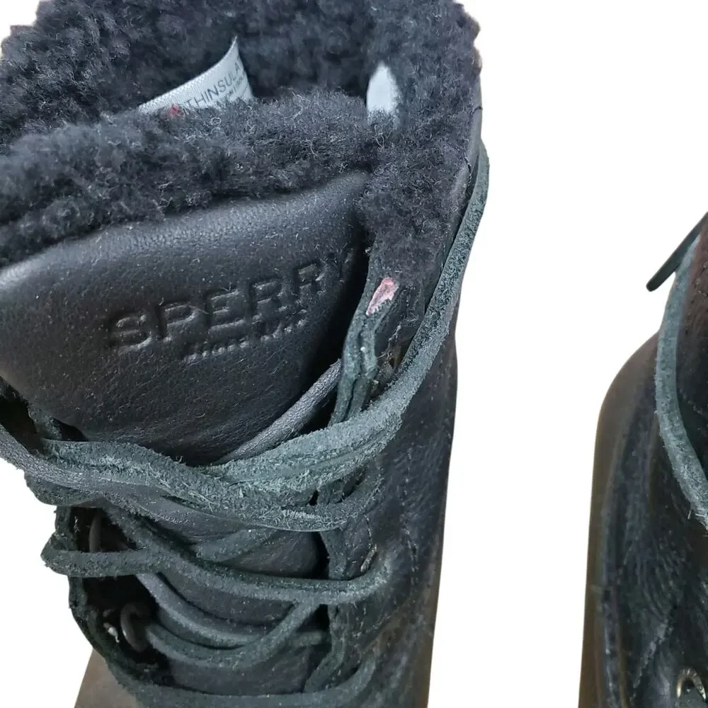 Sperry Saltwater Winter Luxe Duck Boots Womens 7M Black Quilt Leather Lined